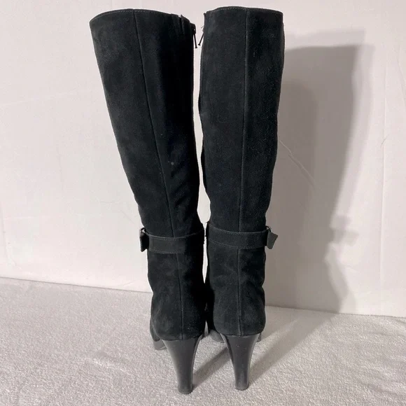 Vintage 90s C La Canadienne Black Suede Round Toe Chunky Heel Knee High Boots 10 - Picture 6 of 14